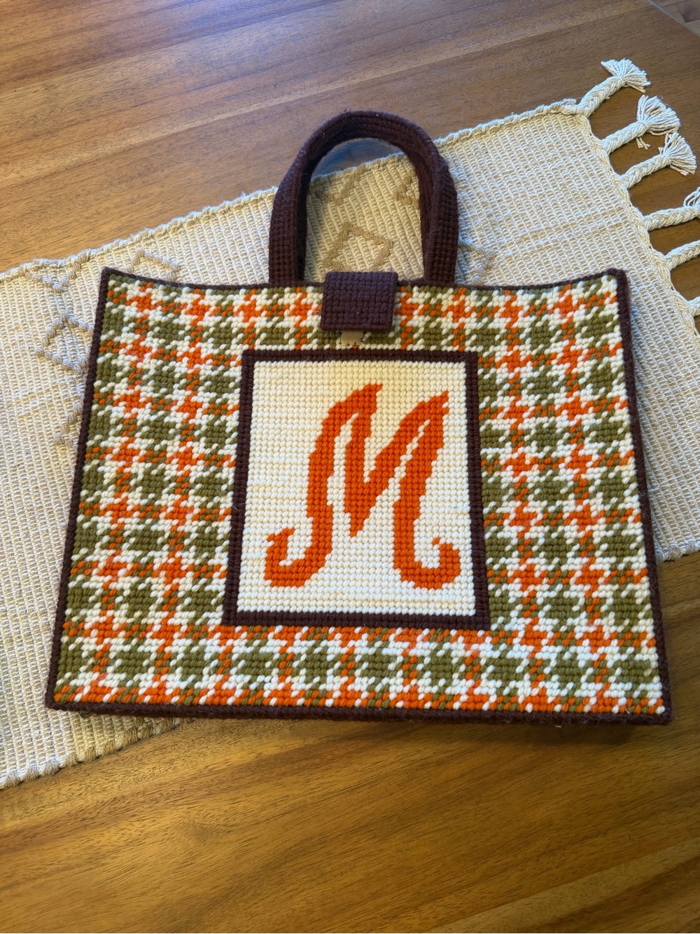 Monogram M Needlepoint Tote Bag in Orange, Olive & Brown